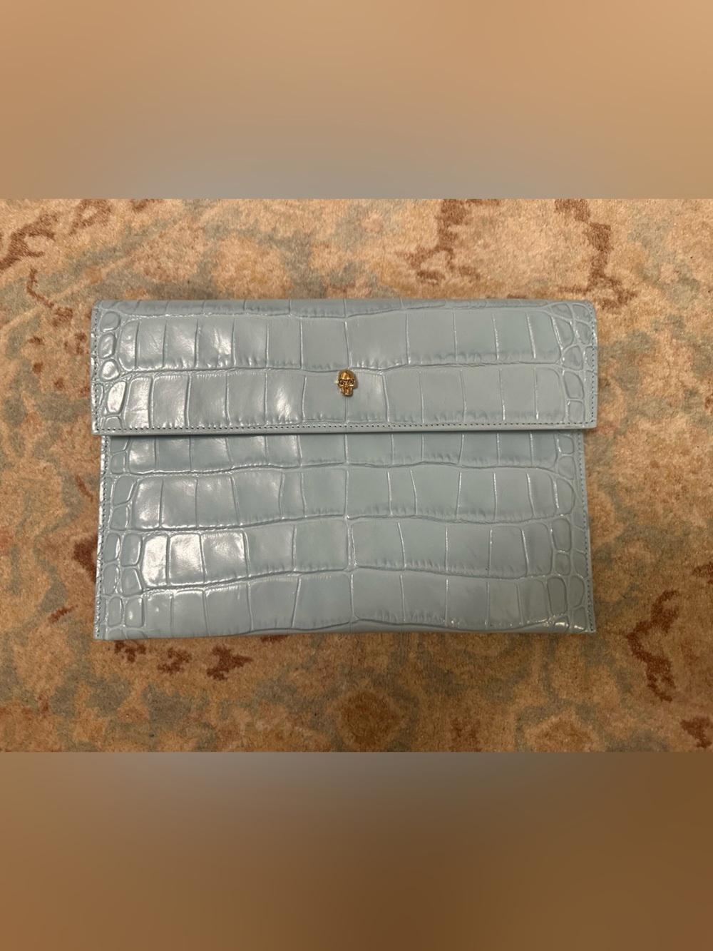Alexander McQueen Large Sky Blue Croc-Embossed Leather Clutch